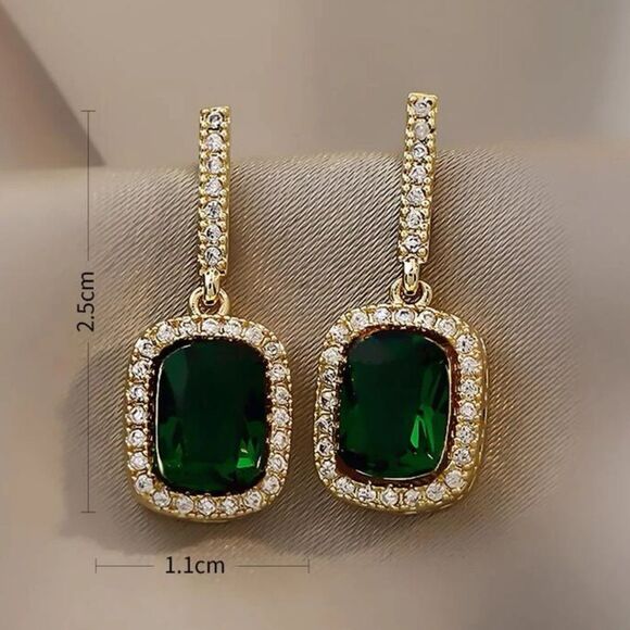 Glamorous Faux Gold & Emerald Diamond Drop Statement Earrings - Picture 4 of 6